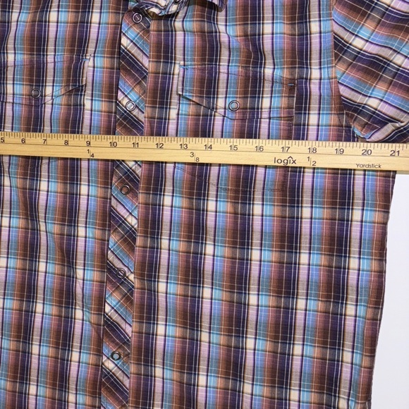 PrAna Snap Button Down Short Sleeve Shirt Madras Brown Blue Plaid Men’s Medium - Picture 6 of 9